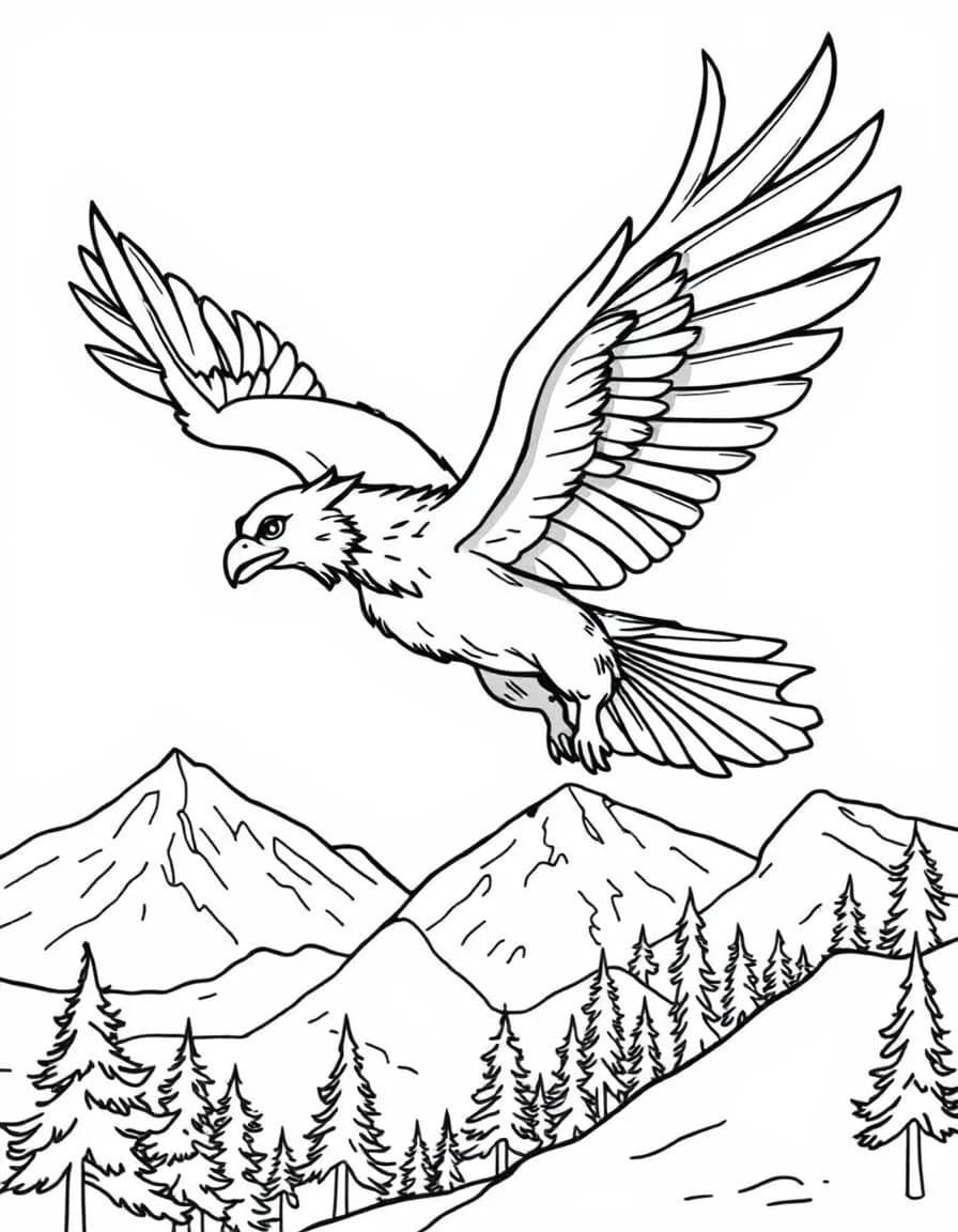 Coloriage Griffon - Griffon majestueux planant en plein vol avec ses grandes ailes au-dessus des sommets enneigés, dessin simple.