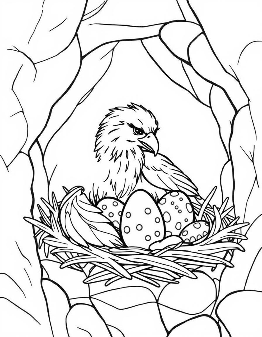Coloriage Griffon - Maman griffon au repos dans son nid de falaise couvant deux gros œufs mouchetés d'or, contours bien définis.