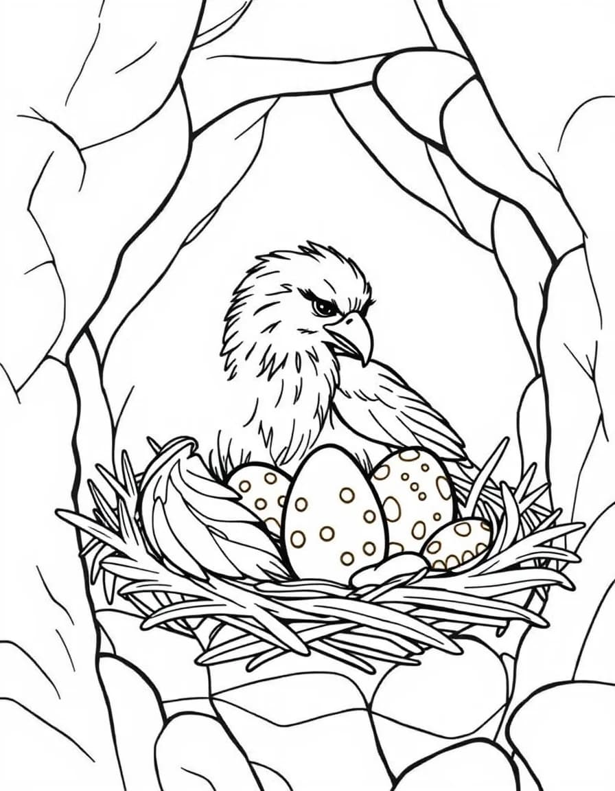 Coloriage Griffon - Maman griffon au repos dans son nid de falaise couvant deux gros œufs mouchetés d'or, contours bien définis.