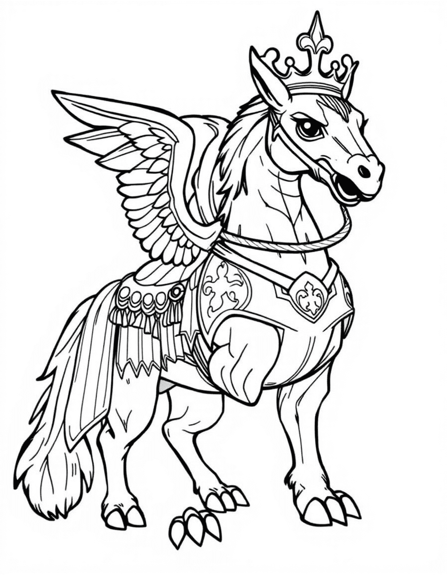 Coloriage Griffon - Griffon royal équipé d'une belle selle de cuir et rênes dorées prêt pour l'aventure, contours nets.