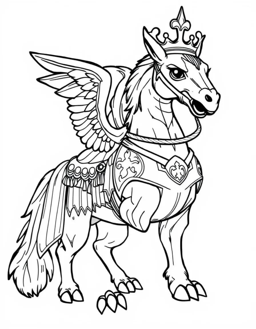 Coloriage Griffon - Griffon royal équipé d'une belle selle de cuir et rênes dorées prêt pour l'aventure, contours nets.