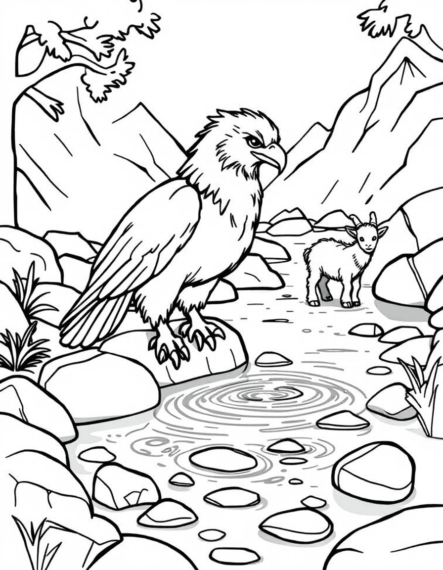 Coloriage Griffon - Griffon buvant paisiblement l'eau fraîche d'une source de montagne près de petits chamois, traits nets.