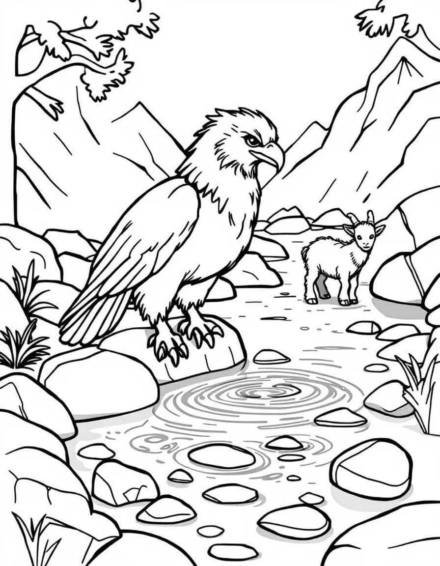Coloriage Griffon - Griffon buvant paisiblement l'eau fraîche d'une source de montagne près de petits chamois, traits nets.