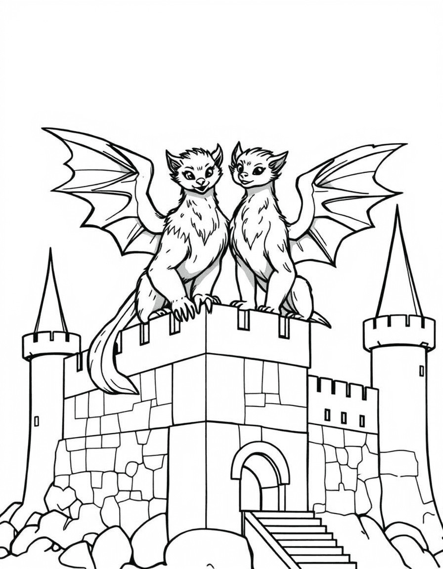 Coloriage Griffon - Duo de griffons majestueux perchés sur les créneaux en pierre d'un château de conte de fées, style facile.