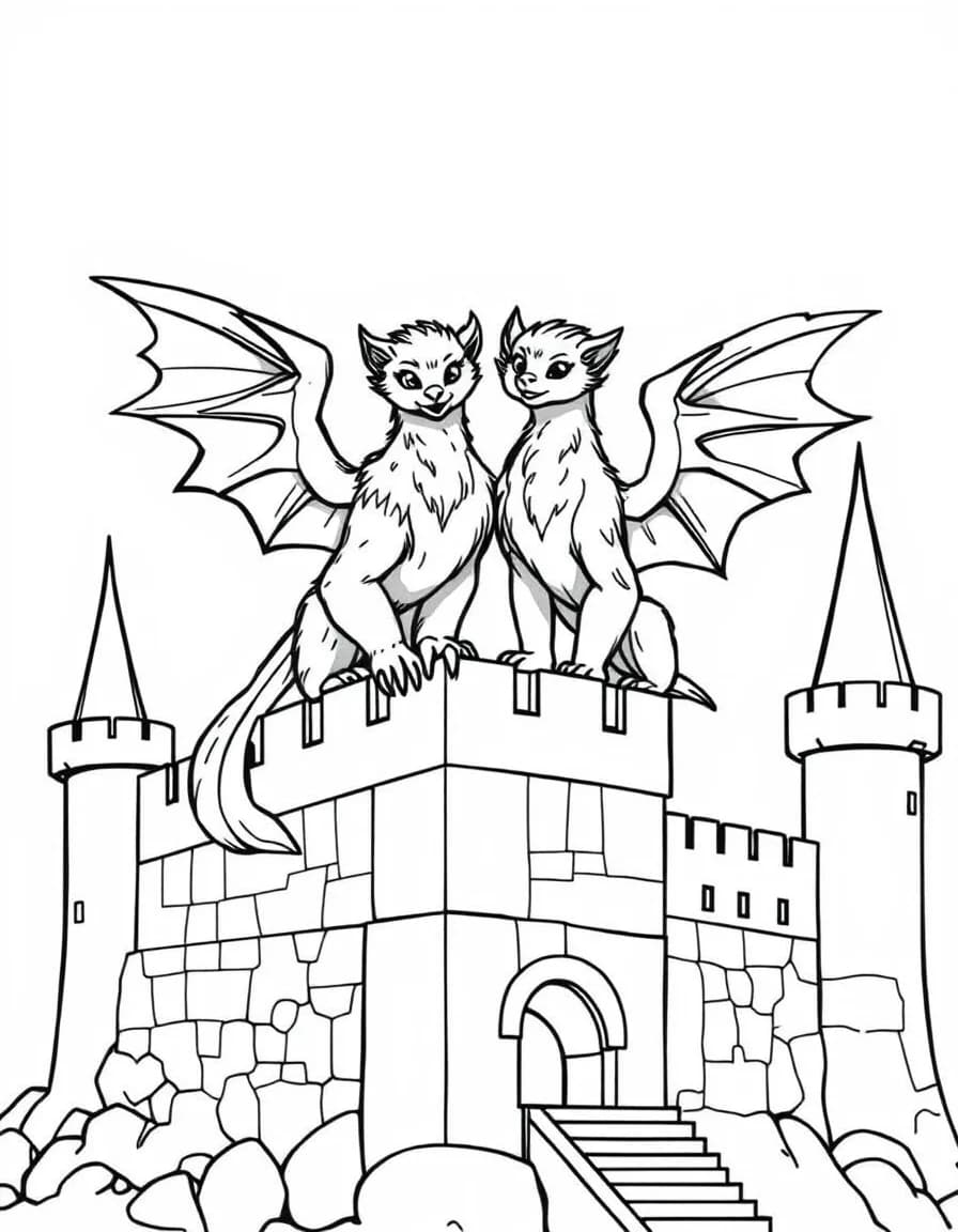 Coloriage Griffon - Duo de griffons majestueux perchés sur les créneaux en pierre d'un château de conte de fées, style facile.