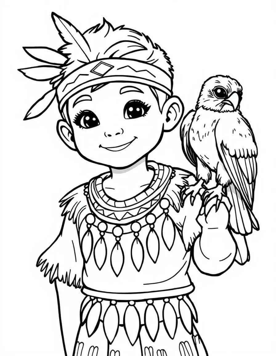 Coloriage Indiens - Jeune garçon amérindien en tunique à franges avec un faucon apprivoisé posé sur son bras, contours nets.