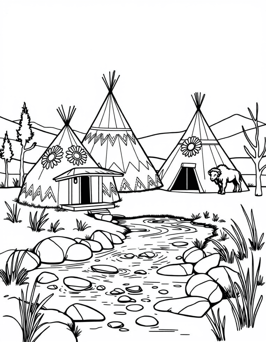 Coloriage Indiens - Village traditionnel avec tipis décorés de motifs de soleil et de bisons au bord d'une rivière, traits nets.