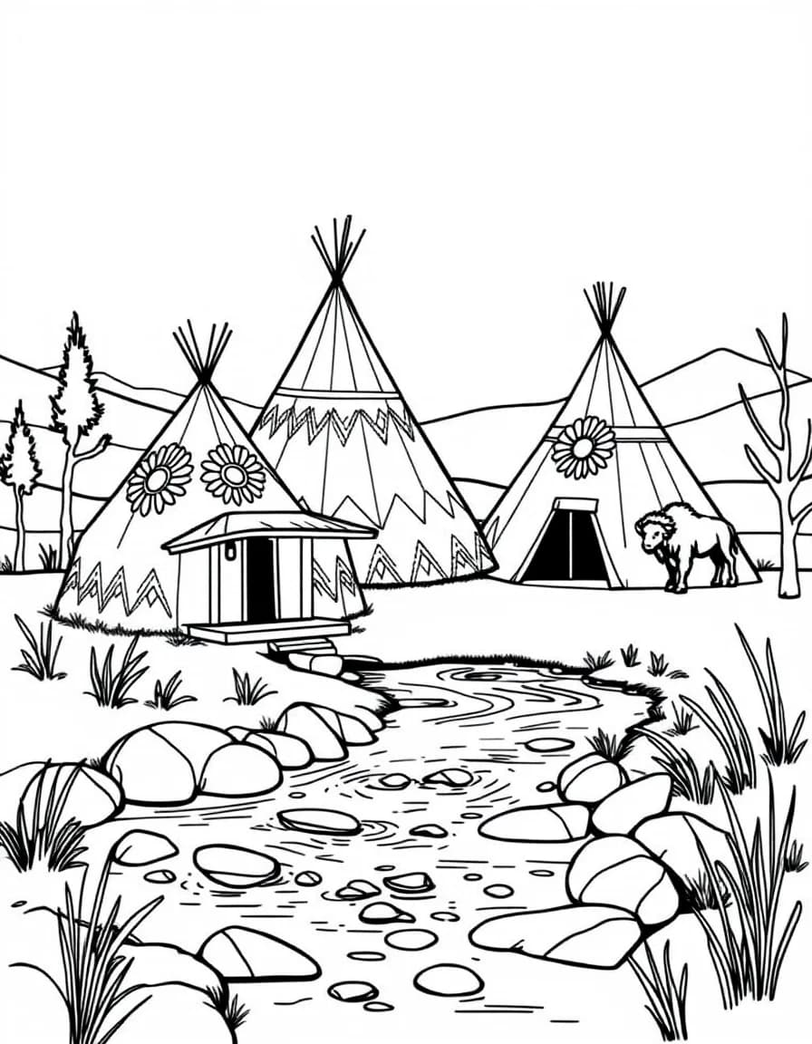 Coloriage Indiens - Village traditionnel avec tipis décorés de motifs de soleil et de bisons au bord d'une rivière, traits nets.