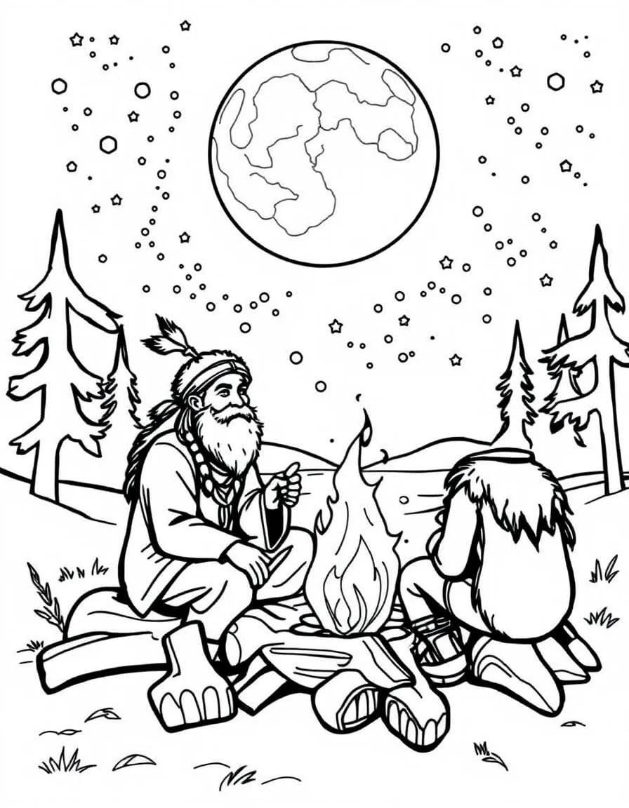 Coloriage Indiens - Sage ancien racontant des légendes au coin du feu sous un ciel étoilé et une grande lune, dessin simple.