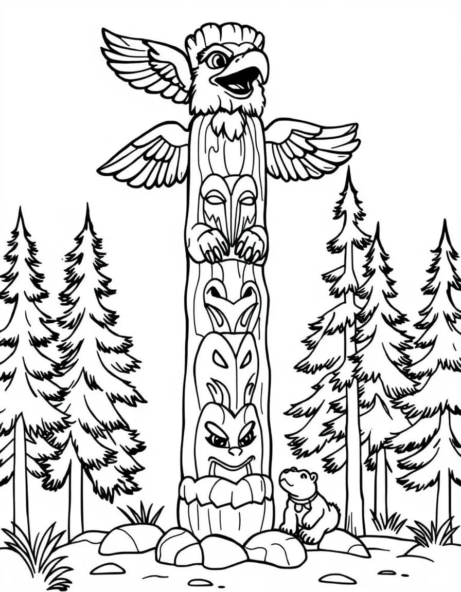 Coloriage Indiens - Grand mât totem sculpté d'un aigle, d'un ours et d'un castor dressé fièrement parmi les pins, contours nets.