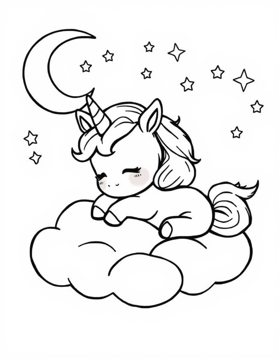 Coloriage Kawaii - Bébé licorne kawaii endormie sur un nuage douillet à côté d'un croissant de lune souriant, dessin simple.