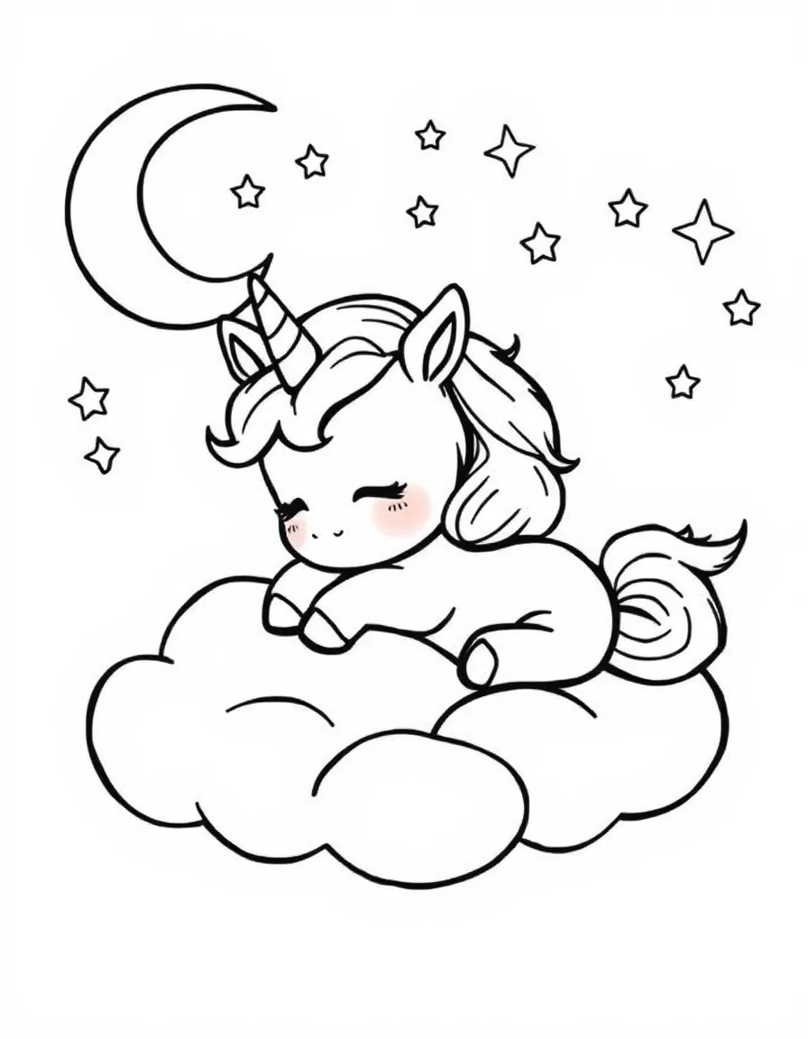 Coloriage Kawaii - Bébé licorne kawaii endormie sur un nuage douillet à côté d'un croissant de lune souriant, dessin simple.