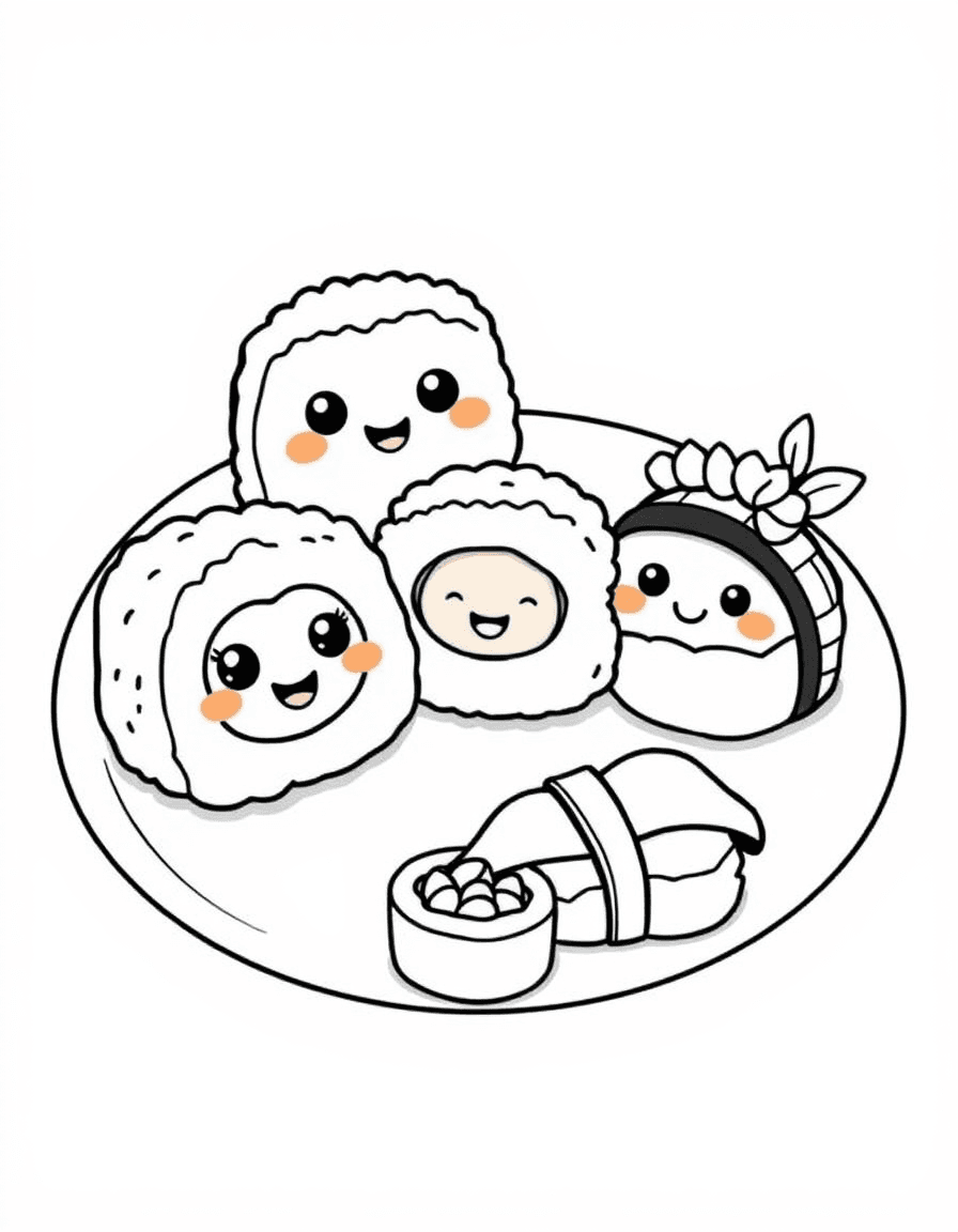 Coloriage Kawaii - Famille de sushis et onigiris kawaii aux visages souriants sur un plateau avec petites fèves, contours bien définis.