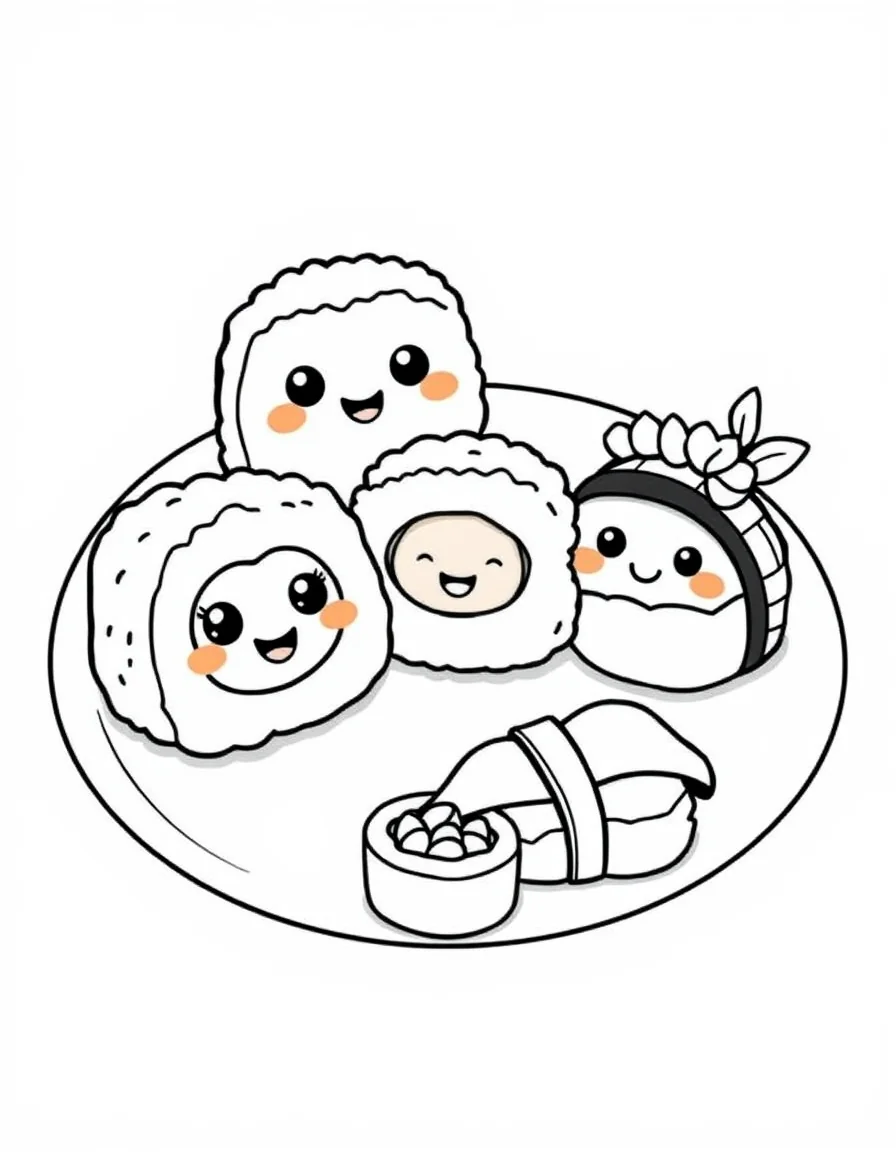 Coloriage Kawaii - Famille de sushis et onigiris kawaii aux visages souriants sur un plateau avec petites fèves, contours bien définis.