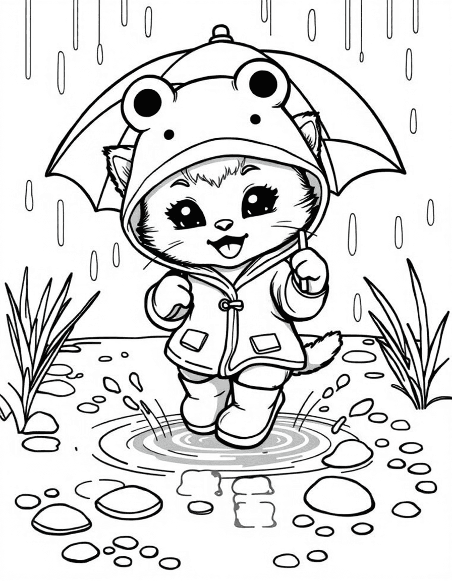 Coloriage Kawaii - Petit chaton kawaii en ciré de grenouille et bottes sautant dans les flaques d'eau avec son parapluie, contours nets.