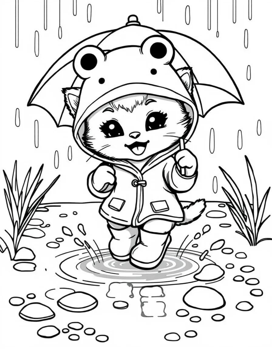 Coloriage Kawaii - Petit chaton kawaii en ciré de grenouille et bottes sautant dans les flaques d'eau avec son parapluie, contours nets.