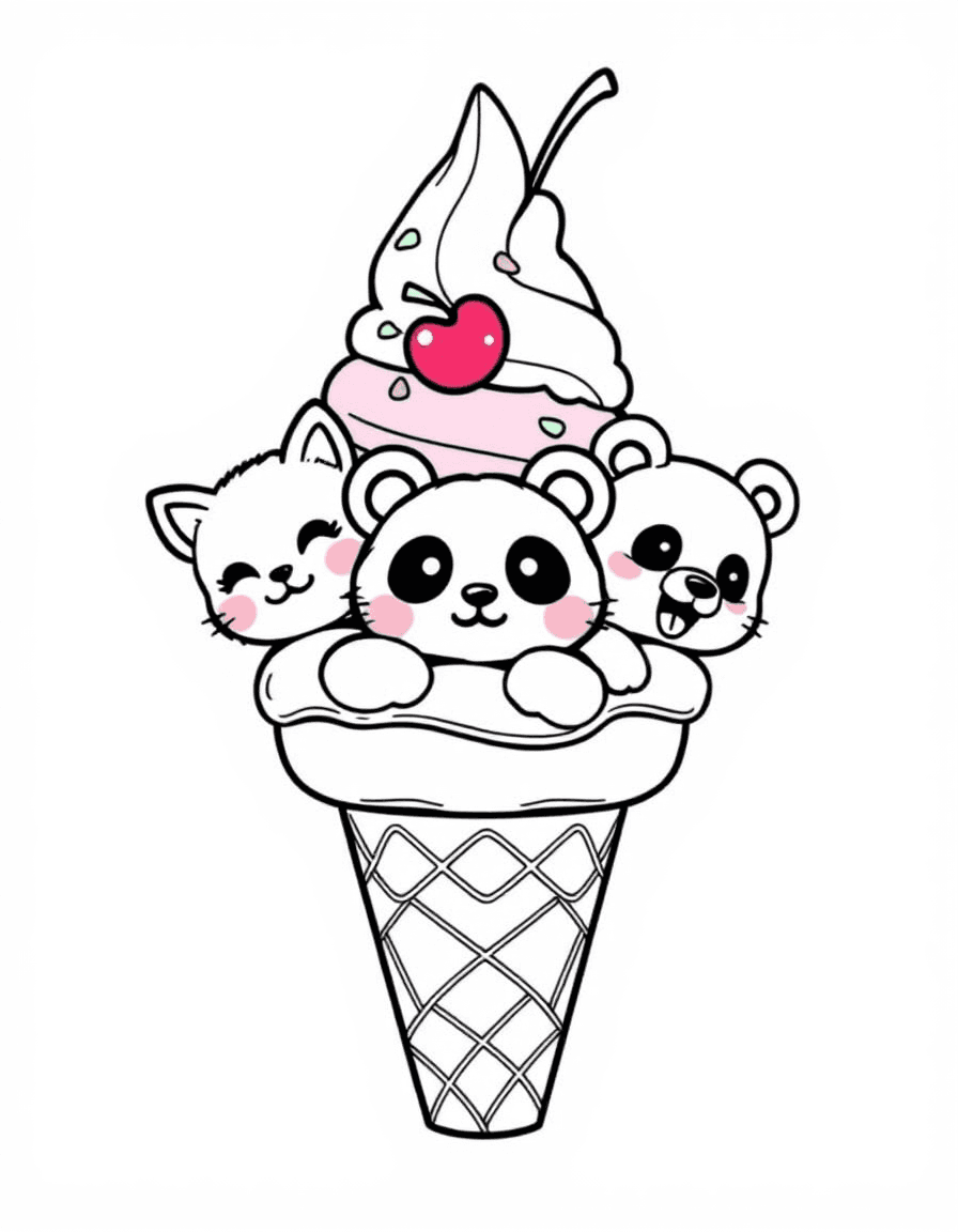 Coloriage Kawaii - Cornet de glace kawaii à trois boules animaux (chat, panda, ours) avec une cerise et vermicelles, traits nets.