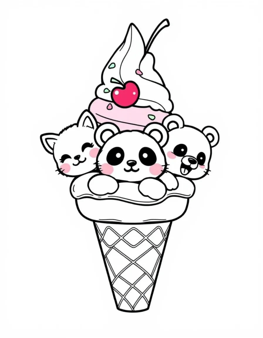 Coloriage Kawaii - Cornet de glace kawaii à trois boules animaux (chat, panda, ours) avec une cerise et vermicelles, traits nets.