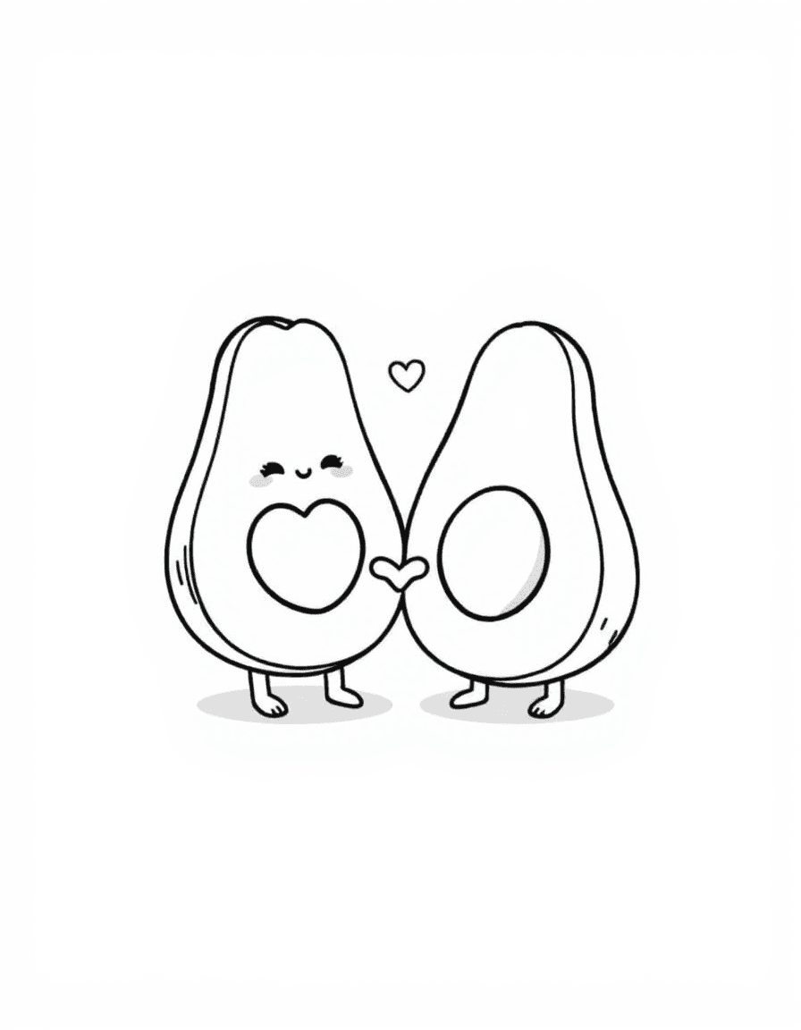 Coloriage Kawaii - Avocat kawaii fendu en deux avec son noyau en cœur souriant donnant la main à une tartine grillée, style facile.