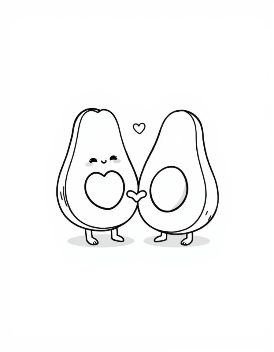 Coloriage Kawaii - Avocat kawaii fendu en deux avec son noyau en cœur souriant donnant la main à une tartine grillée, style facile.