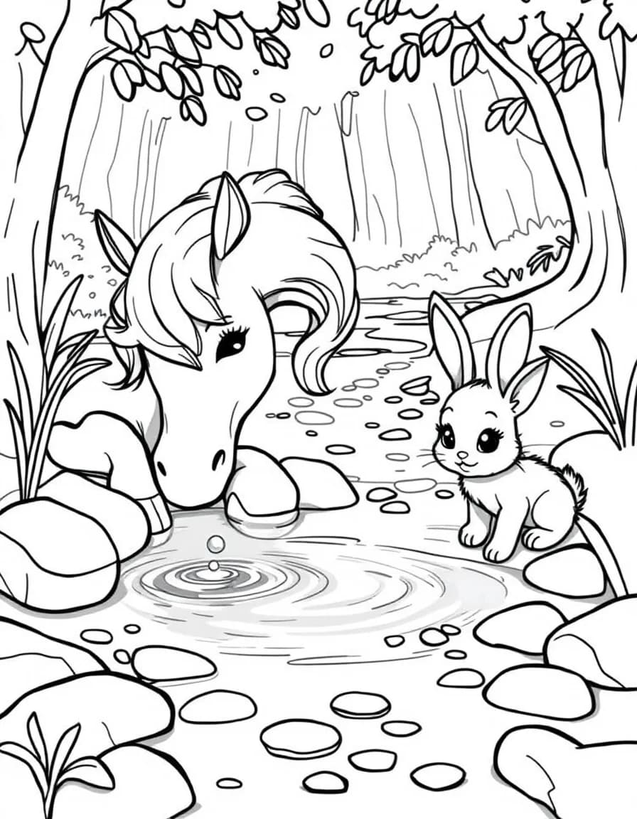 Coloriage Licorne - Licorne paisible buvant l'eau d'un ruisseau de forêt enchantée près d'un petit lapin curieux, dessin simple.