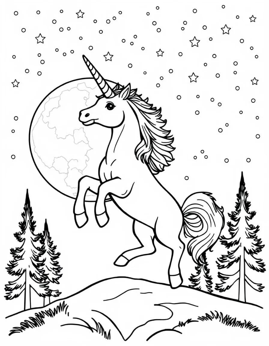 Coloriage Licorne - Licorne cabrée sur ses pattes arrière se découpant sur une grande pleine lune et un ciel étoilé, contours nets.