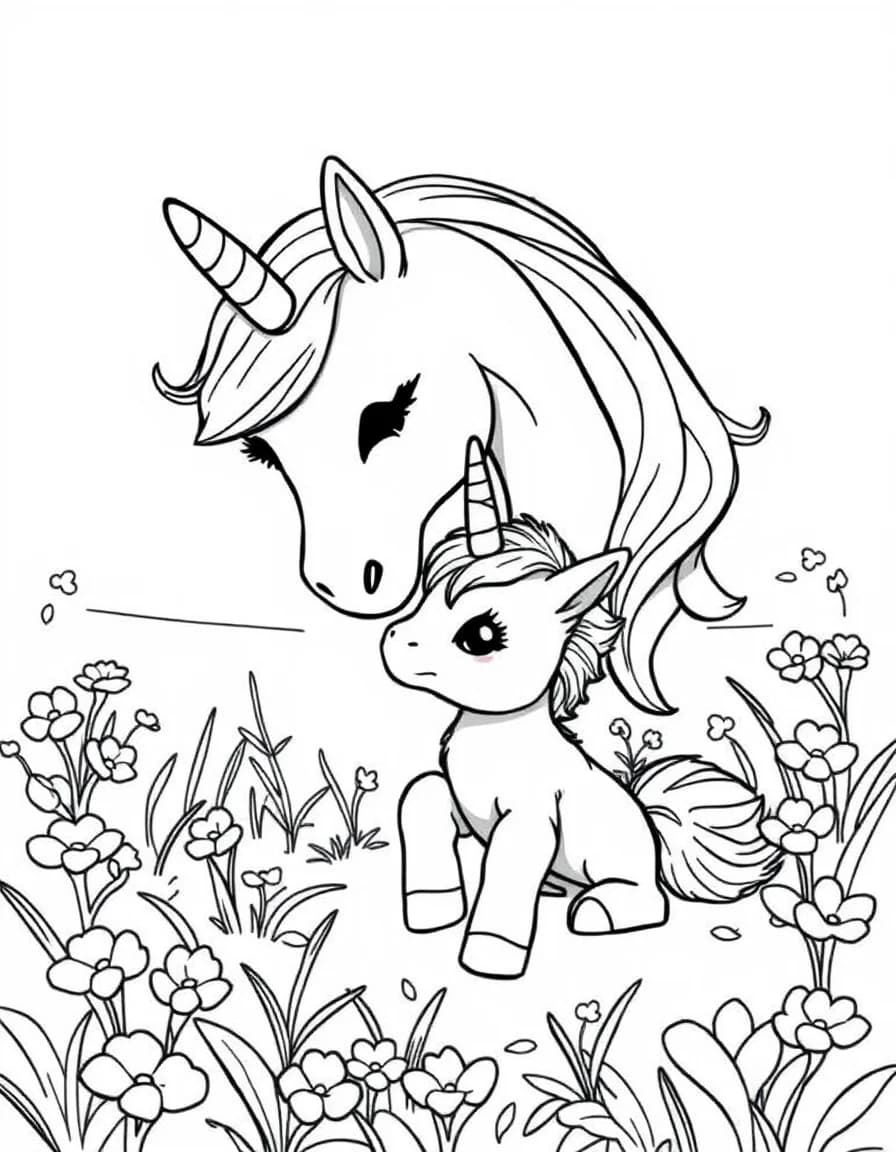 Coloriage Licorne - Maman licorne câlinant tendrement son petit poulain nouveau-né dans une clairière de trèfles, contours nets.