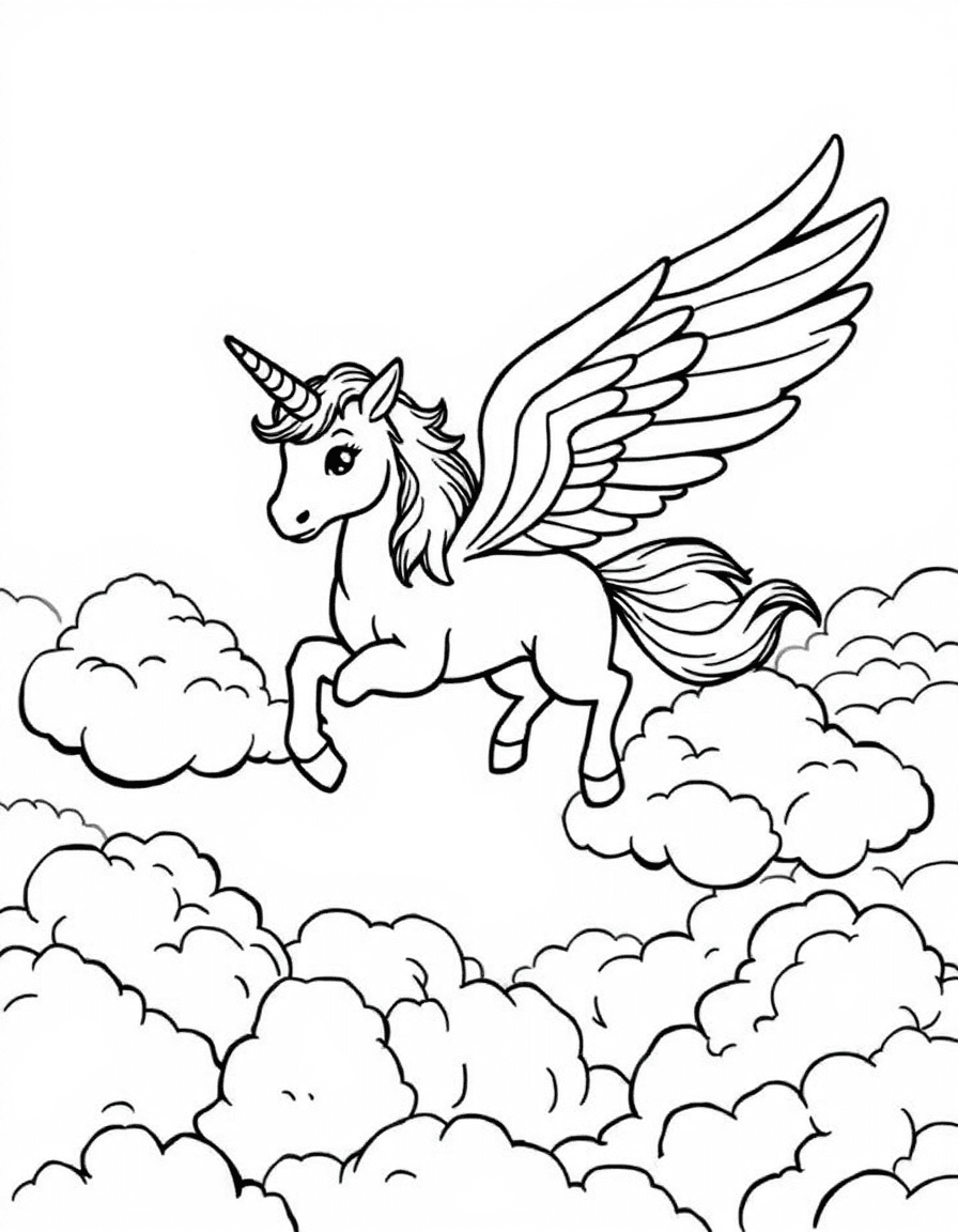 Coloriage Licorne - Licorne ailée féerique volant au-dessus de gros nuages blancs avec ses grandes ailes déployées, traits nets.
