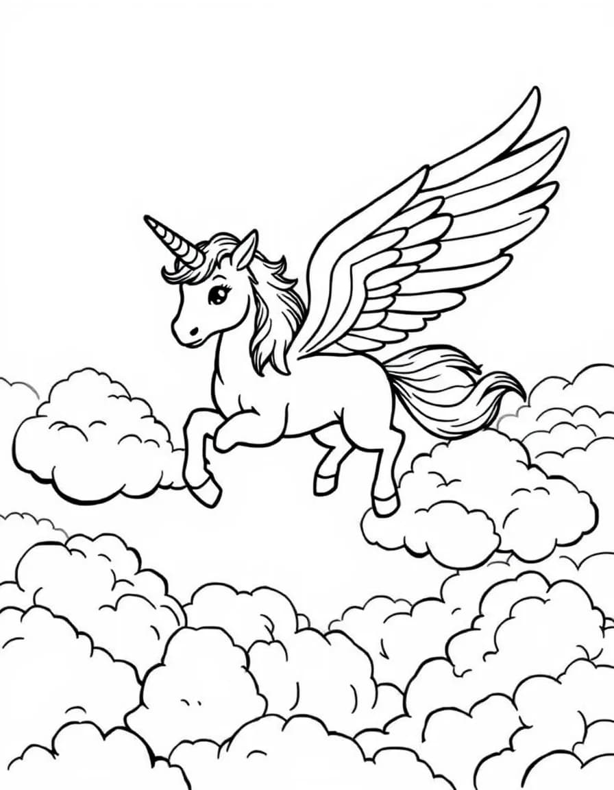 Coloriage Licorne - Licorne ailée féerique volant au-dessus de gros nuages blancs avec ses grandes ailes déployées, traits nets.