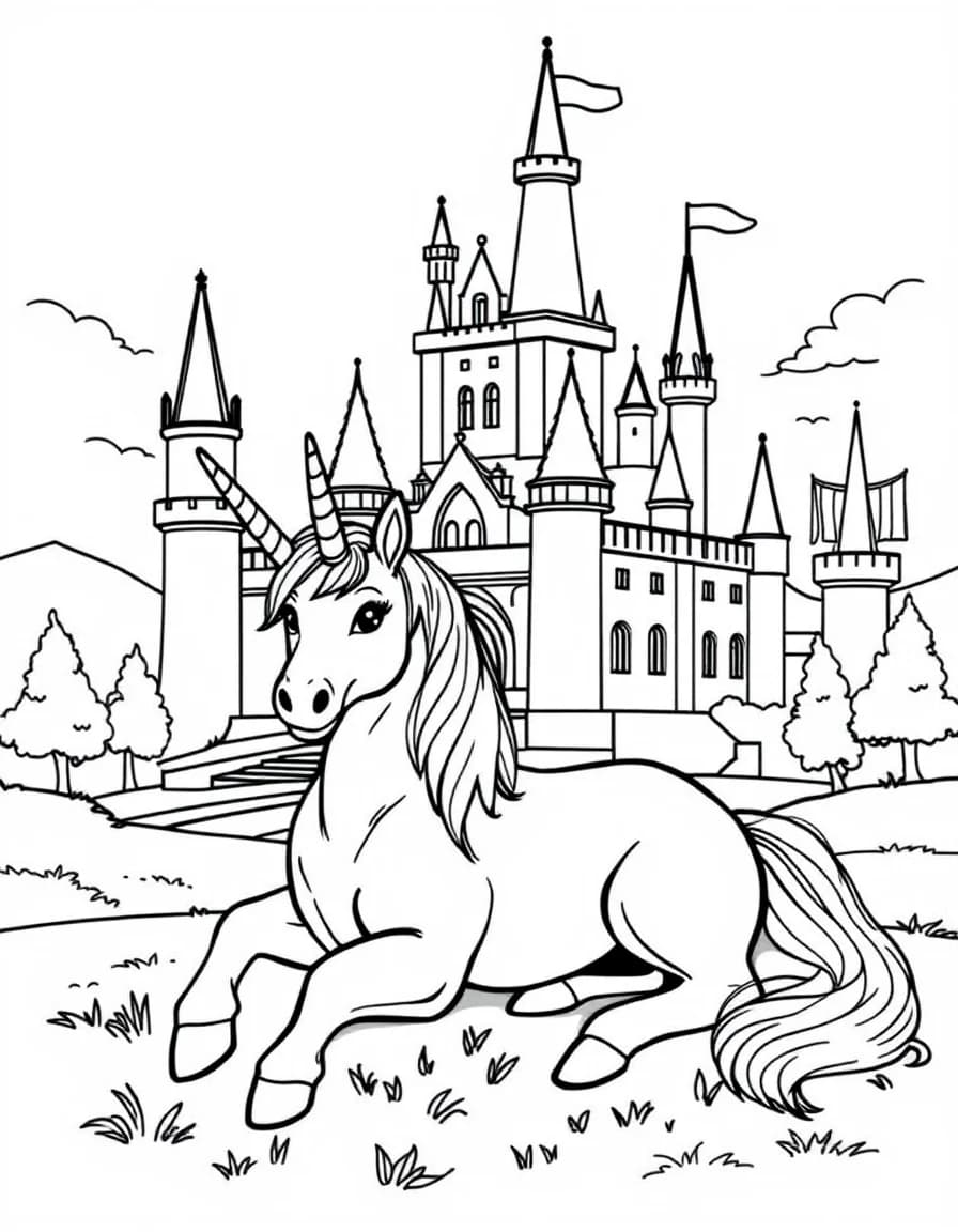 Coloriage Licorne - Licorne féerique couchée devant un grand château aux tours élancées et drapeaux flottants, style facile.