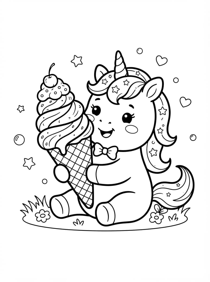 Coloriage Bébé Licorne Gourmande et sa Glace Fraise