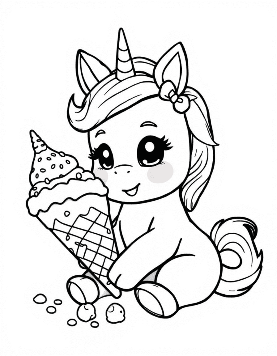 Coloriage Licorne kawaii - Bébé licorne chibi kawaii assis mangeant une énorme glace à la fraise avec des vermicelles, contours nets.