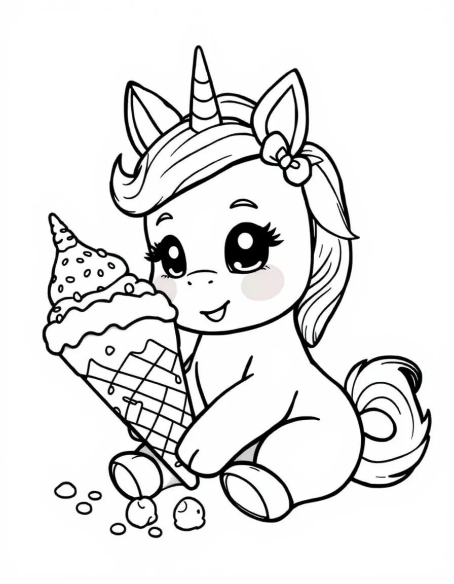 Coloriage Licorne kawaii - Bébé licorne chibi kawaii assis mangeant une énorme glace à la fraise avec des vermicelles, contours nets.