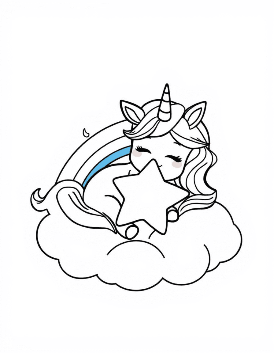 Coloriage Licorne kawaii - Licorne kawaii endormie sur un nuage arc-en-ciel serrant un coussin en forme d'étoile souriante, traits nets.