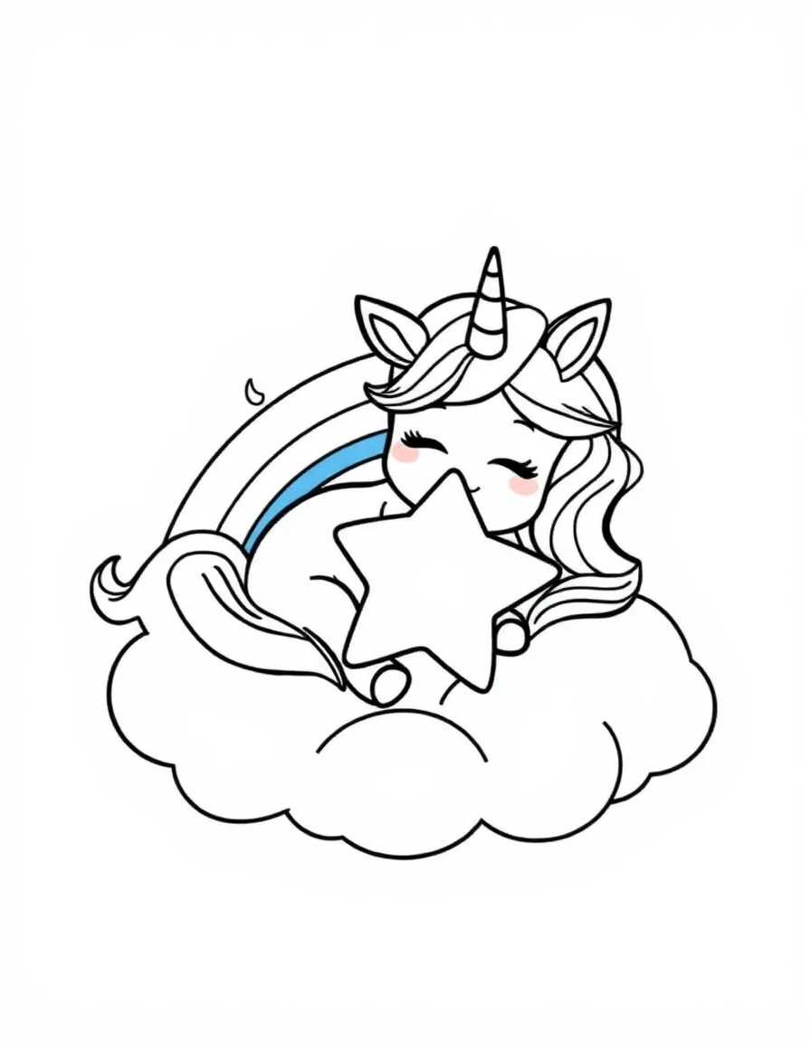 Coloriage Licorne kawaii - Licorne kawaii endormie sur un nuage arc-en-ciel serrant un coussin en forme d'étoile souriante, traits nets.