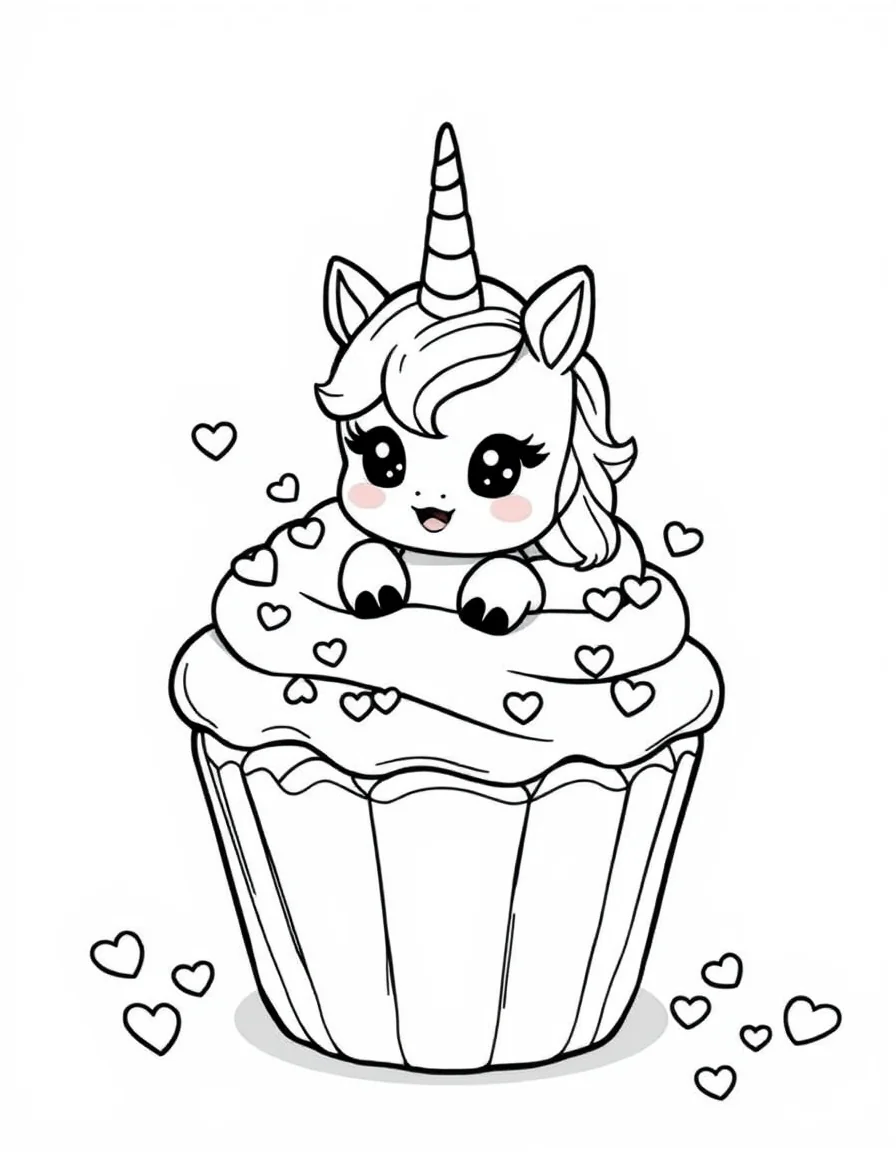 Coloriage Licorne kawaii - Petite licorne kawaii sortant joyeusement d'un gros cupcake d'anniversaire aux petits cœurs en sucre, dessin simple.