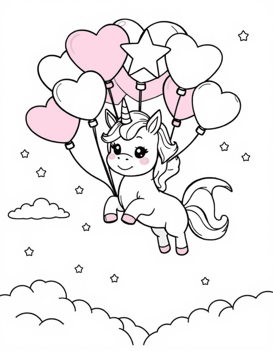 Coloriage Licorne kawaii - Licorne kawaii flottant dans le ciel accrochée à un bouquet de ballons en forme de cœurs et d'étoiles, contours nets.
