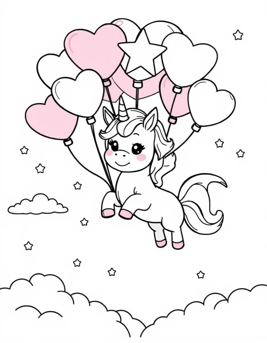 Coloriage Licorne kawaii - Licorne kawaii flottant dans le ciel accrochée à un bouquet de ballons en forme de cœurs et d'étoiles, contours nets.