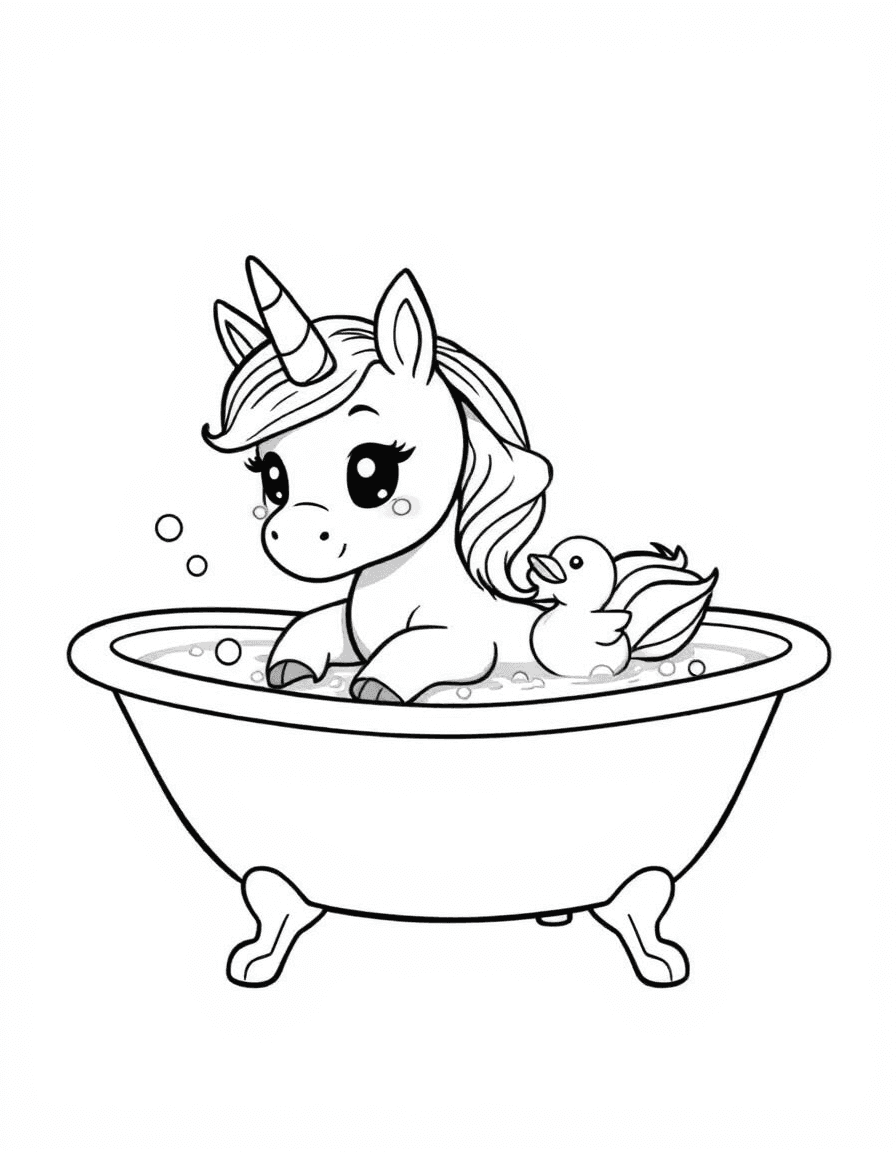 Coloriage Licorne kawaii - Licorne kawaii prenant un bain moussant avec bonnet de douche et son petit canard en plastique, contours nets.