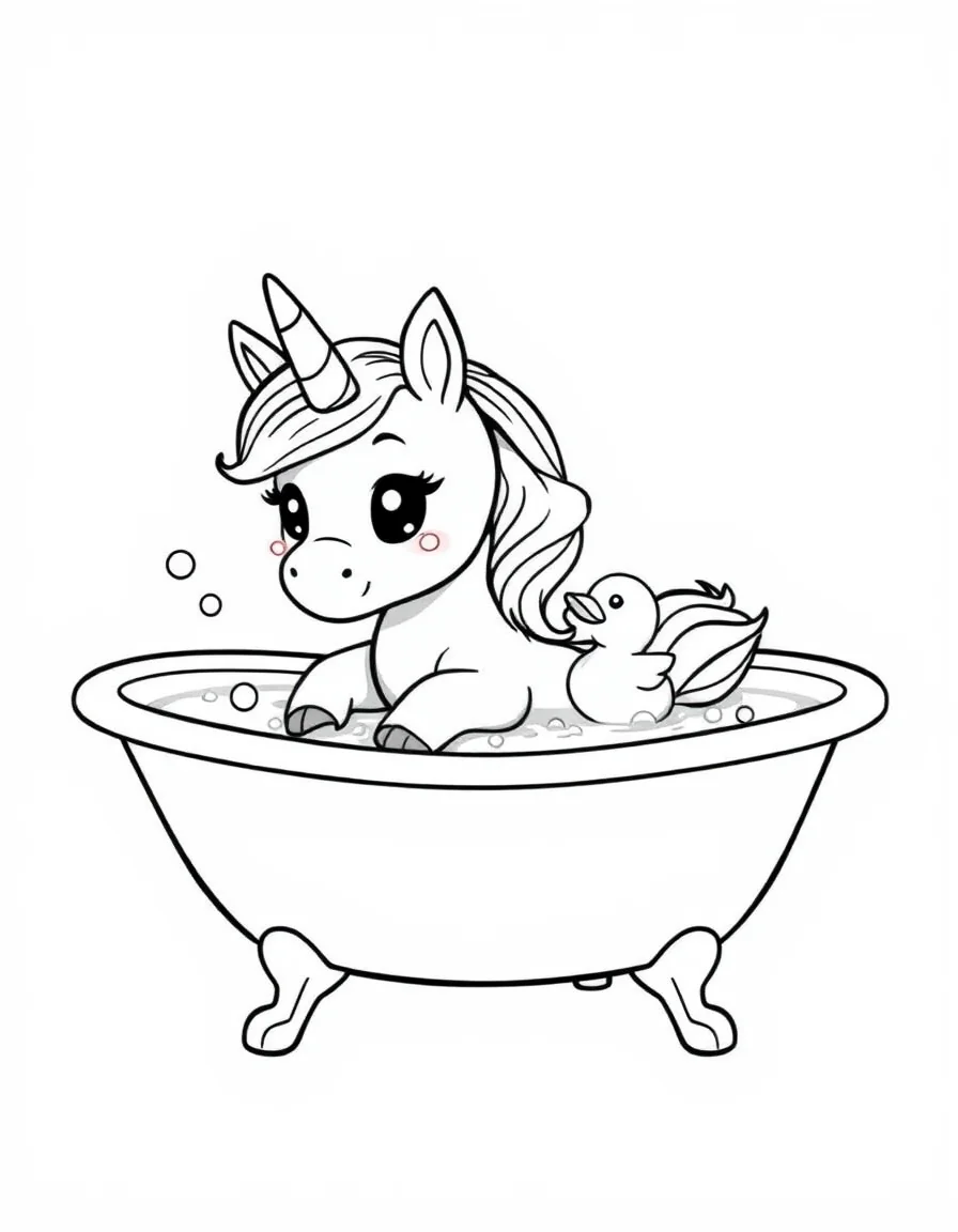 Coloriage Licorne kawaii - Licorne kawaii prenant un bain moussant avec bonnet de douche et son petit canard en plastique, contours nets.