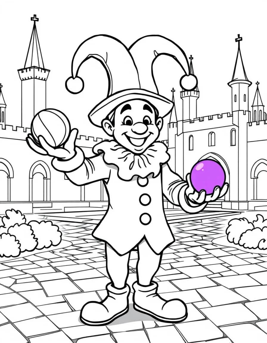 Coloriage Médiéval - Bouffon du roi joyeux coiffé d'un bonnet à grelots jonglant avec trois balles dans la cour du château, dessin simple.