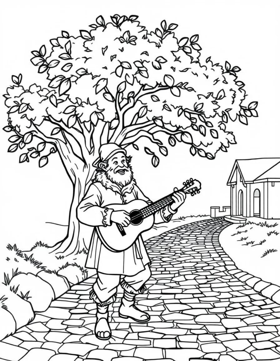 Coloriage Médiéval - Troubadour médiéval jouant du luth et chantant des ballades sous un chêne au bord d'un chemin pavé, contours nets.