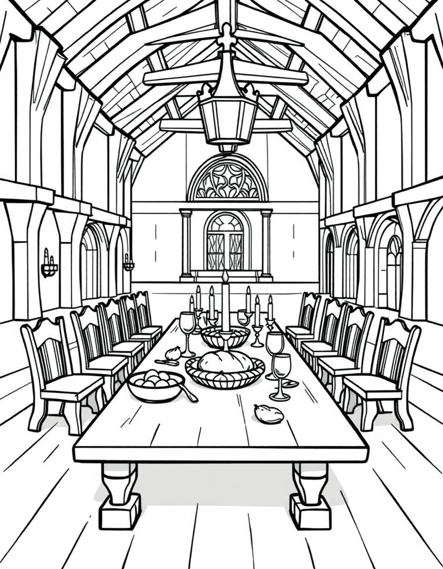 Coloriage Médiéval - Grande salle de banquet médiévale avec table de fête garnie de coupes, corbeilles de fruits et chandeliers, traits nets.