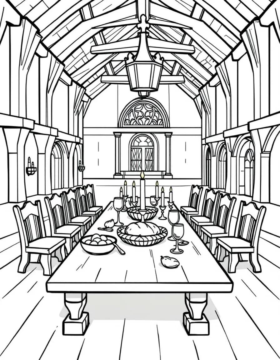 Coloriage Médiéval - Grande salle de banquet médiévale avec table de fête garnie de coupes, corbeilles de fruits et chandeliers, traits nets.