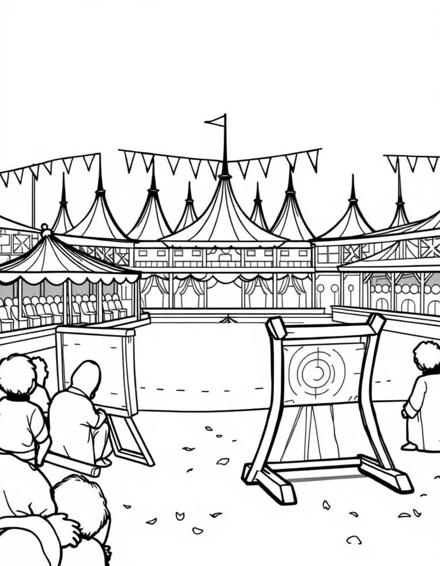 Coloriage Médiéval - Lice de tournoi de chevalerie avec tentes médiévales colorées, fanions et cibles de tir à l'arc, style facile.