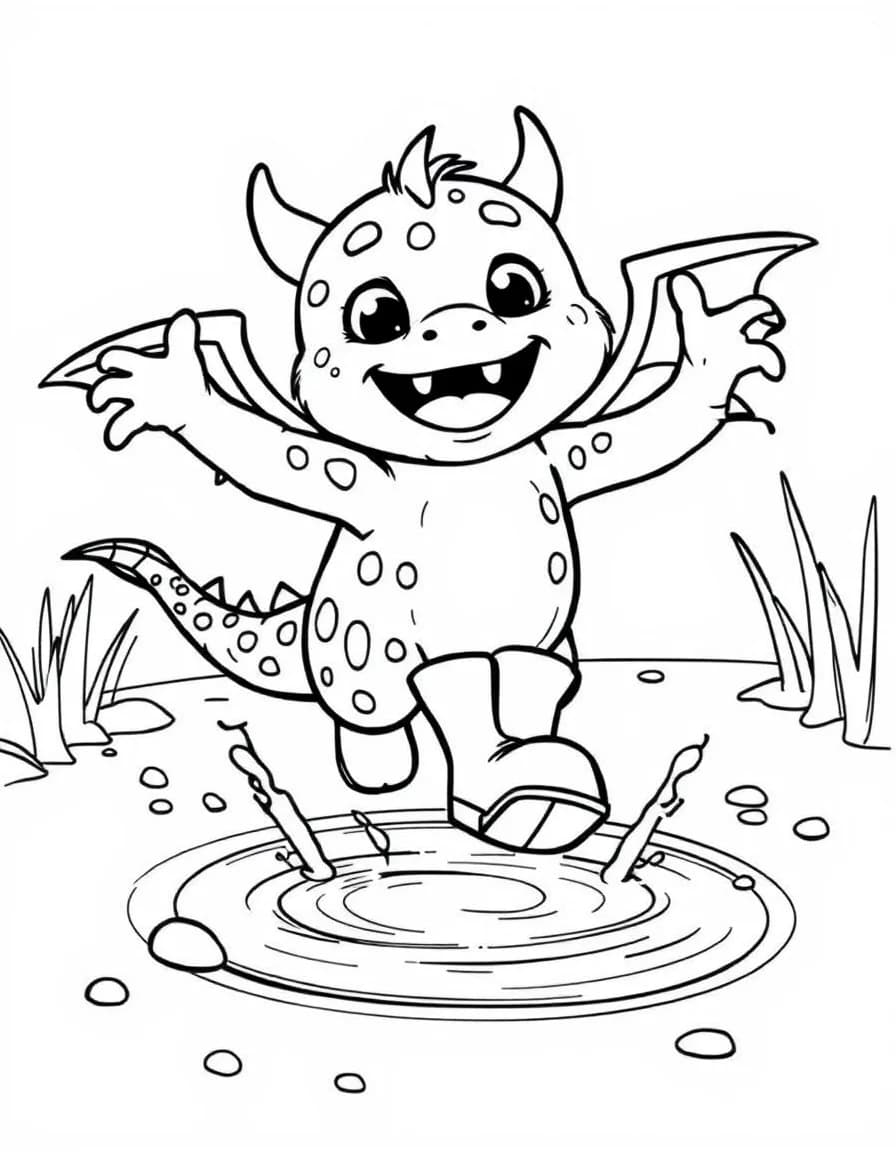 Coloriage Monstre - Monstre tacheté à petites ailes de dragon sautant joyeusement dans les flaques avec des bottes de pluie, dessin simple.