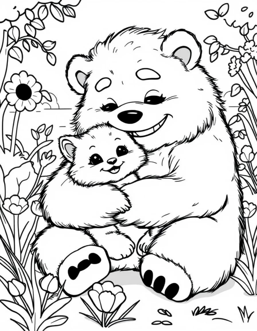 Coloriage Monstre - Gentil géant monstre tout doux faisant un gros câlin protecteur à un petit chaton dans le jardin, contours nets.