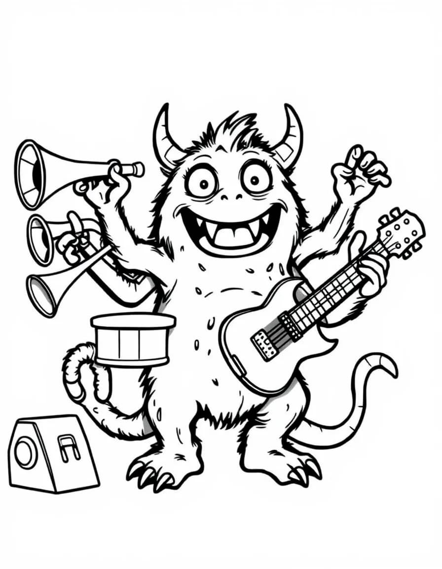 Coloriage Monstre - Monstre farceur à plusieurs bras jouant de plusieurs instruments de musique en même temps, traits nets.