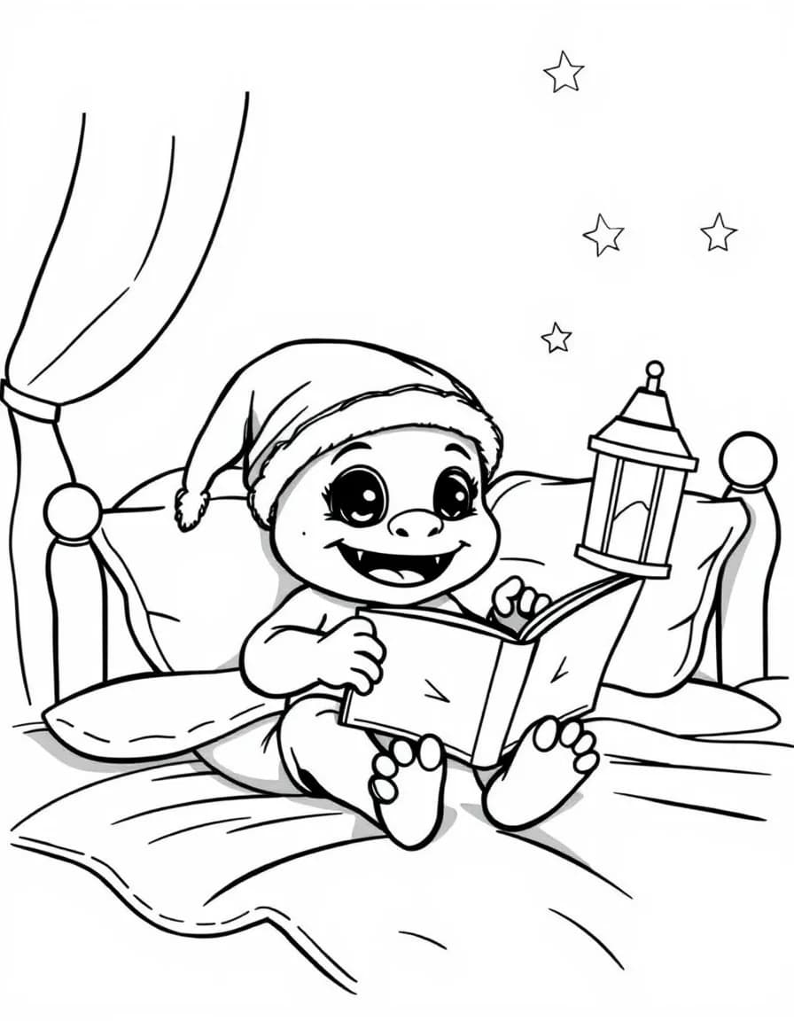 Coloriage Monstre - Bébé monstre au lit en bonnet de nuit lisant un livre de contes à la lueur d'une veilleuse, style facile.