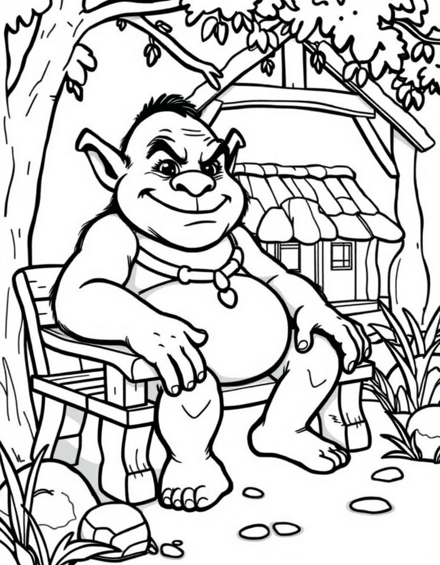 Coloriage Ogre - Gros ogre rigolo et sympathique au ventre rond assis devant sa cabane chaleureuse dans les marais, contours nets.